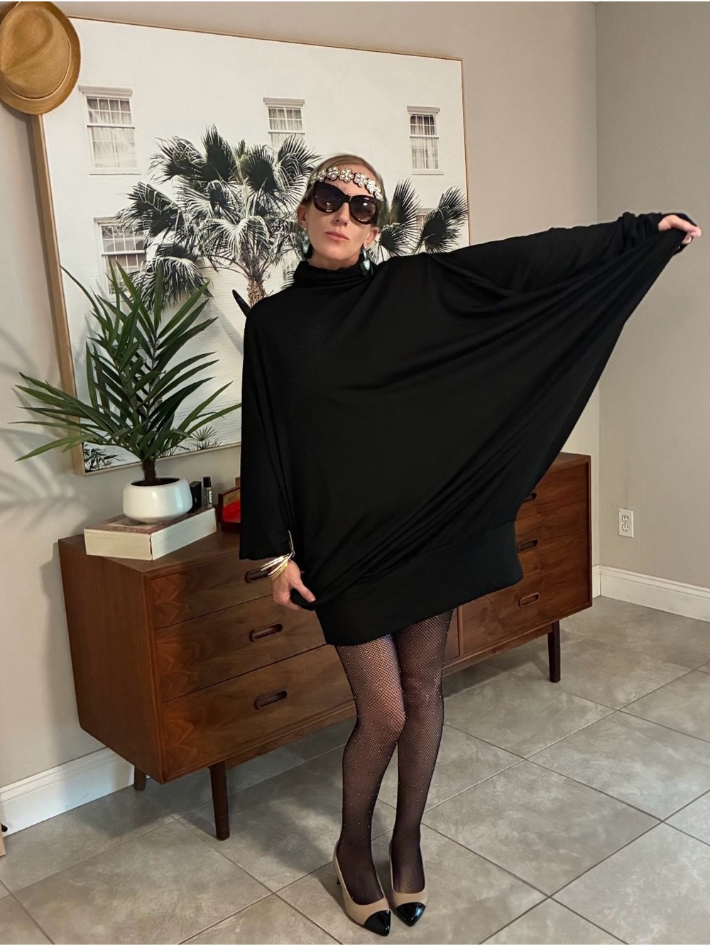 Women's Black Batwing Tunic Dress - Elegant Minimal Style
